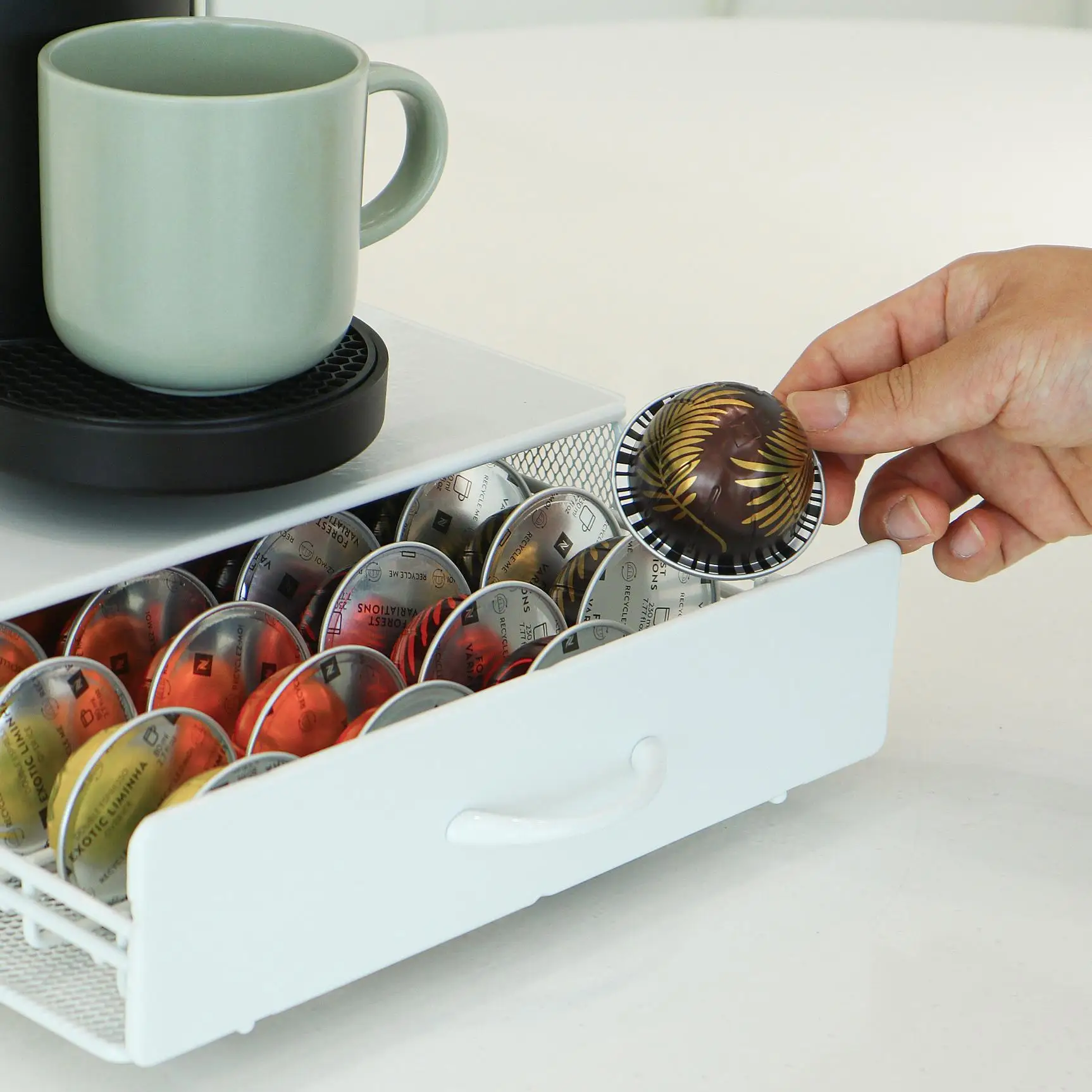 Soporte para cápsulas de café Nespresso Vertuoline, estante de almacenamiento para cápsulas Verismo Vertuo, organizador con cajón blanco