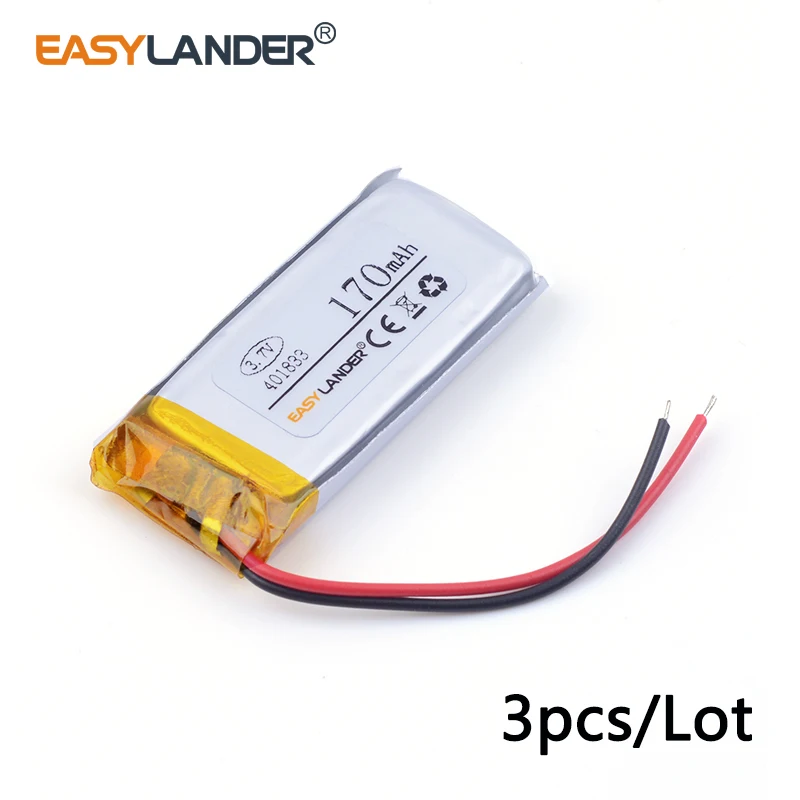 

3pcs/Lot 3.7v lithium Li ion polymer rechargeable battery 401833 170mAh For MP3 Bluetooth DIY audio / Toys 041833 401830