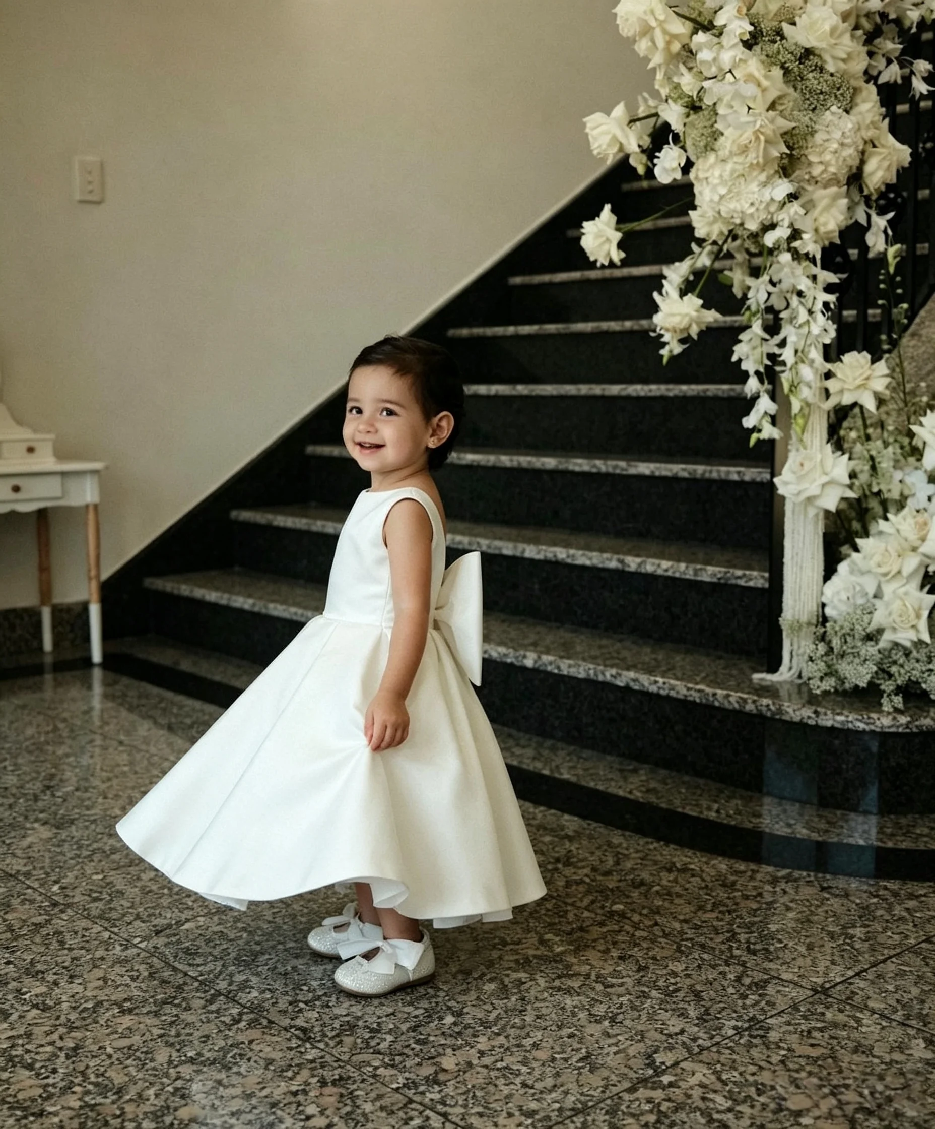 Vestido de satén blanco sencillo para niña, estilo princesa, con cuello cuadrado, sin espalda, plisado, línea A, para damita de honor o boda
