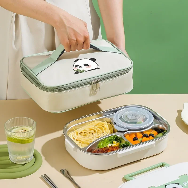 Cute Panda Lunch Box 304 Stainless Steel Office Worker Microwae Heating Bento Box with Tableware Thermal Insulation Bag Meal Box