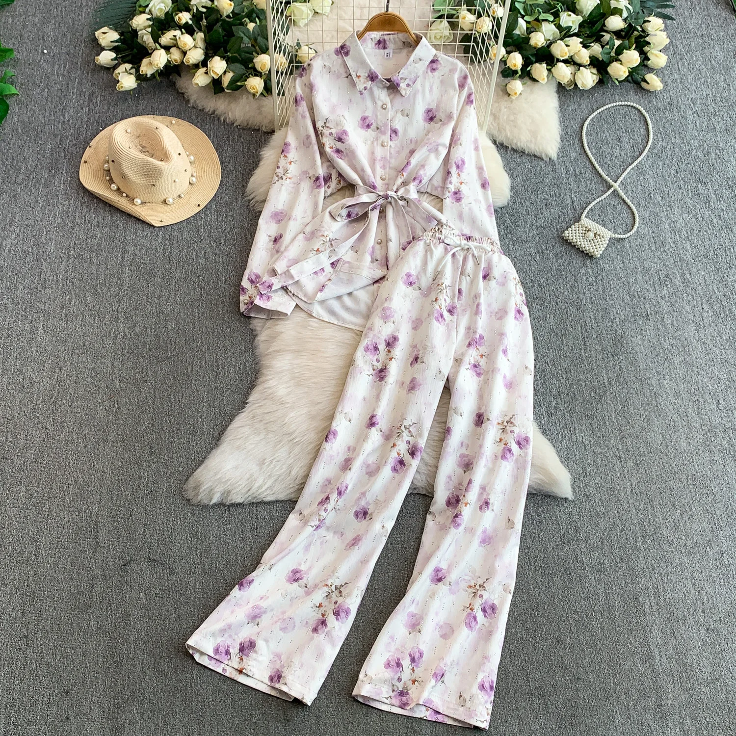 

Брюки со стразами и принтом, комплект из 2 предметов, осенняя рубашка с лацканами на шнуровке, широкие брюки, женские одинаковые комплекты с американским цветочным узором