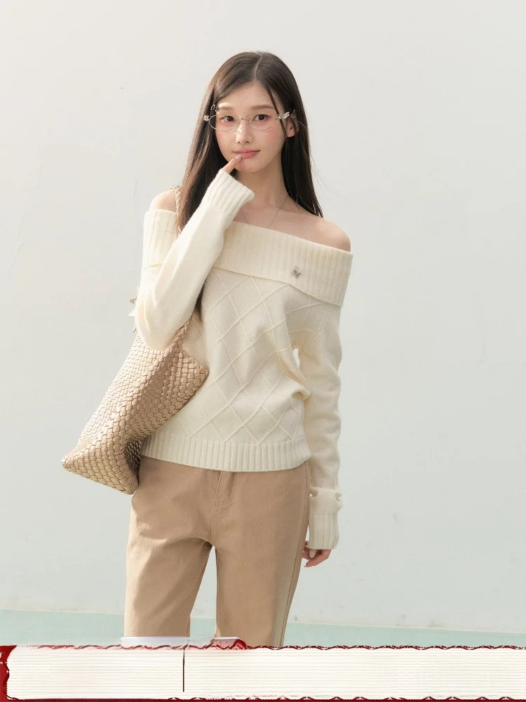 

Korean Sle Knitted Long Sve One oulder Warm Aosphere Sweater Women's Faion Spring Autumn Seasonal Color Top