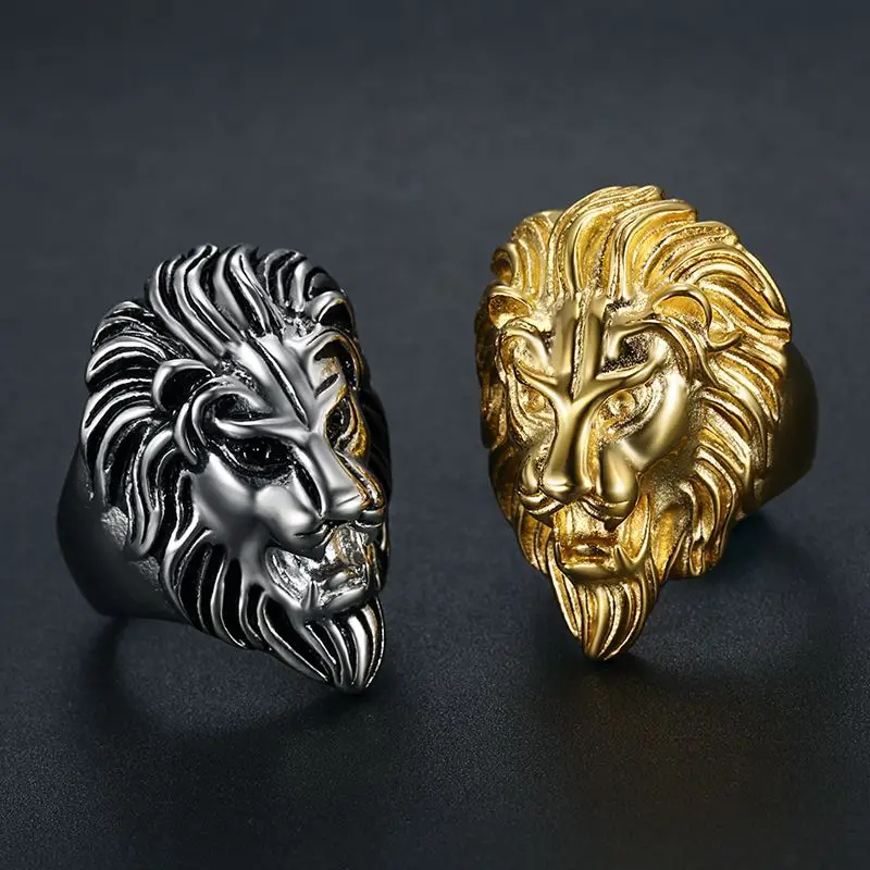 

HNSP 316L Stainless Steel Lion Head Ring For Men Hip Hop Animal Style Finger Jewelry Accessories