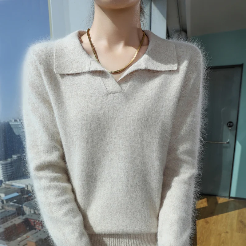 

100% Mink Cashmere Pullover Women's Polo Collar Long Sleeve Sweater Elegant Fashion Knitwear Autumn Winter Sweater Chic Tops