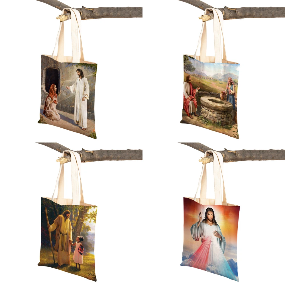 Vintage Jesus Print Lady Student Tote Handbag Cartoon Christ Savior Reusable Foldable Casual Canvas Shopping Bag