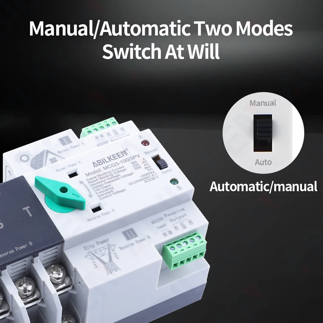 

ABILKEEN AC110/220V 4P Двухрежимный переключатель питания (автоматический/ручной) для солнечной энергии и городского электросети 16A~100A, АВР (автоматический переключатель ввода резерва)