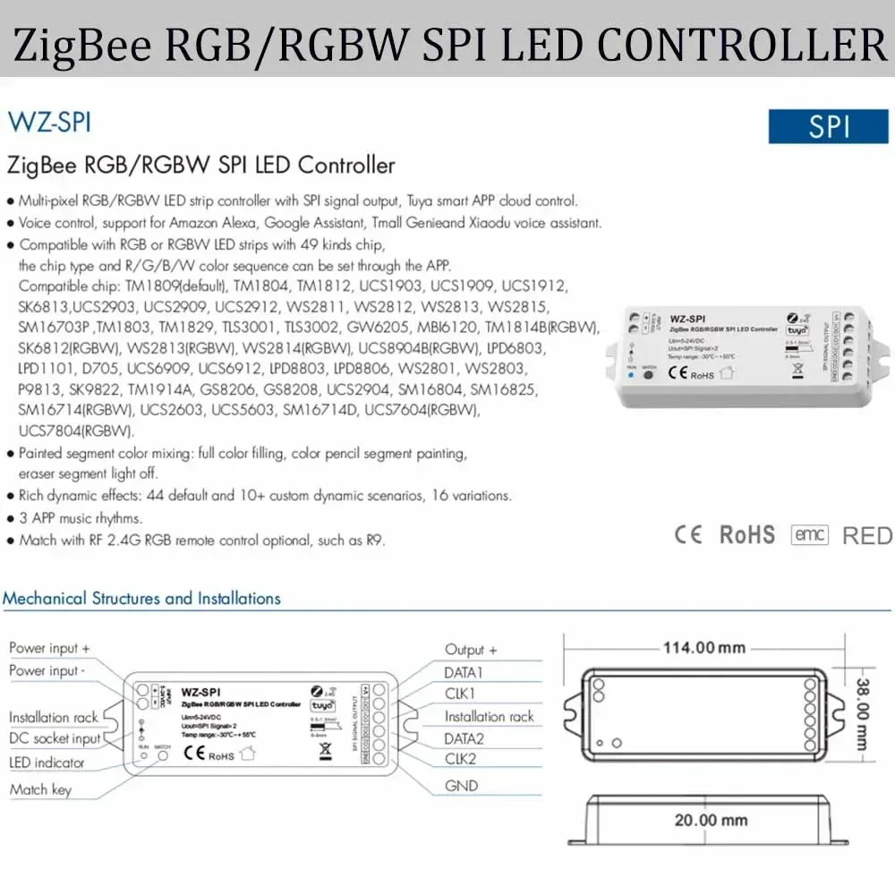 Tuya Zigbee SPI Led Controller DC5-24V RGB/RGBW WS2811 2812 2814 Addressable Dynamic RF Remote Tuya APP Voice for Google Alexa