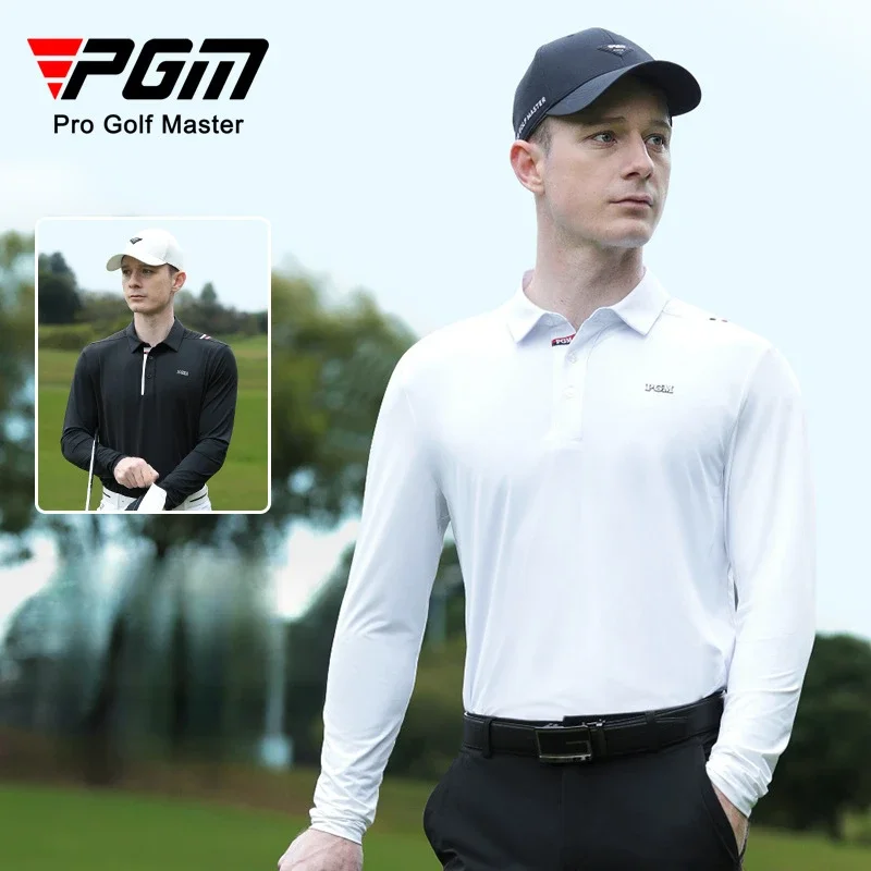 PGM Men's Golf Long Sleeved T-shirt Ice Silk Sleeve Laser Perforated Summer Sports Top Polo Shirt YF681