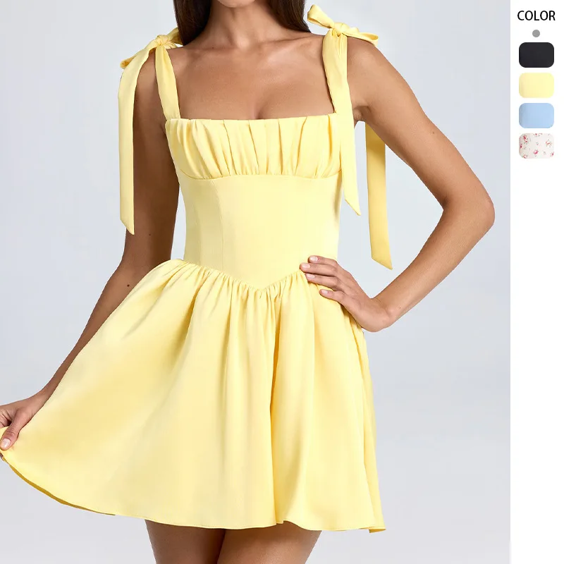 

2025 Summer New European and American Women's Fashion Square Neck High Waist Folded Splicing Bow Strap Dress