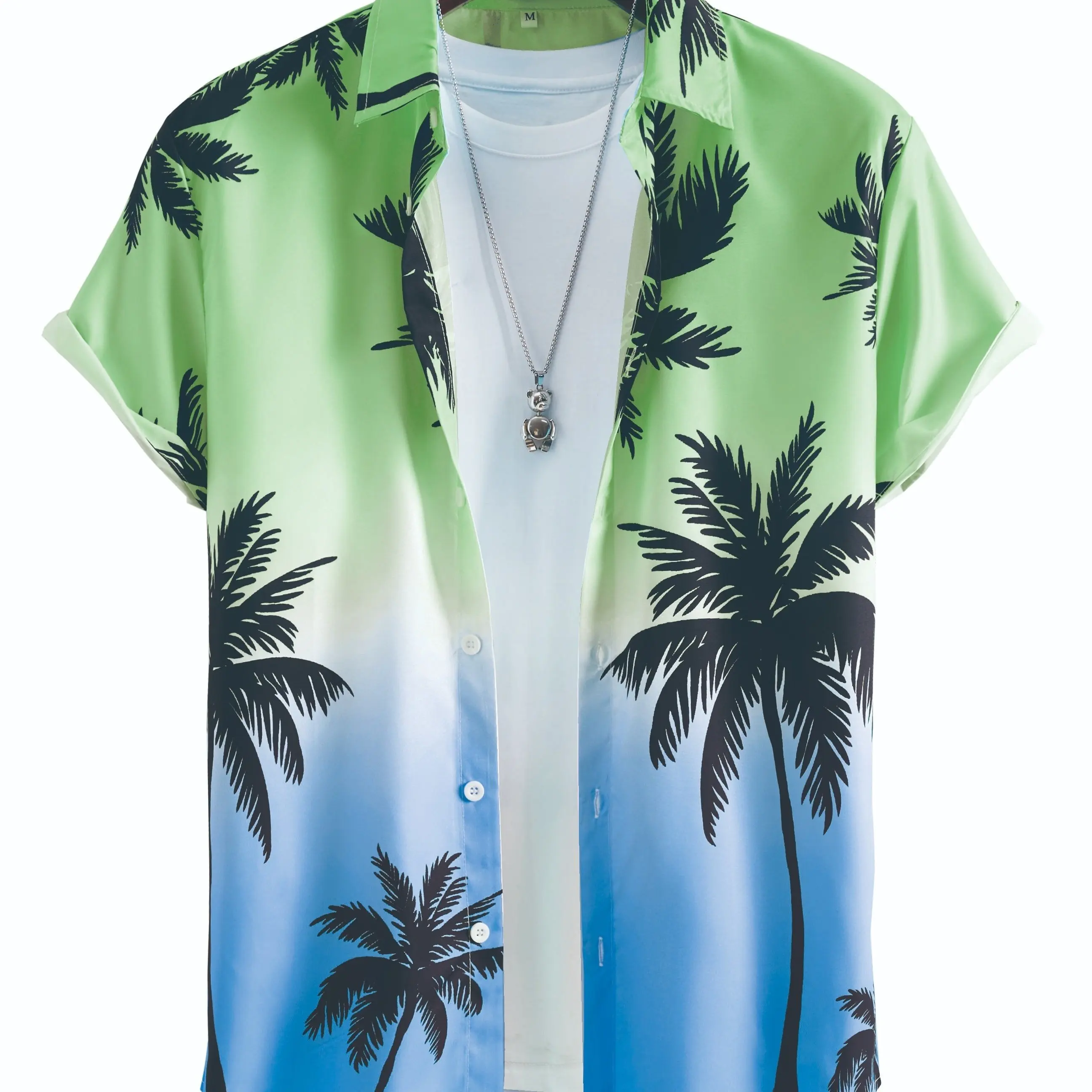 Camisa de manga corta con solapa y botones para hombre, camisa con estampado degradado de patrón de árbol de coco, adecuada para vacaciones de verano, Estilo Hawaiano