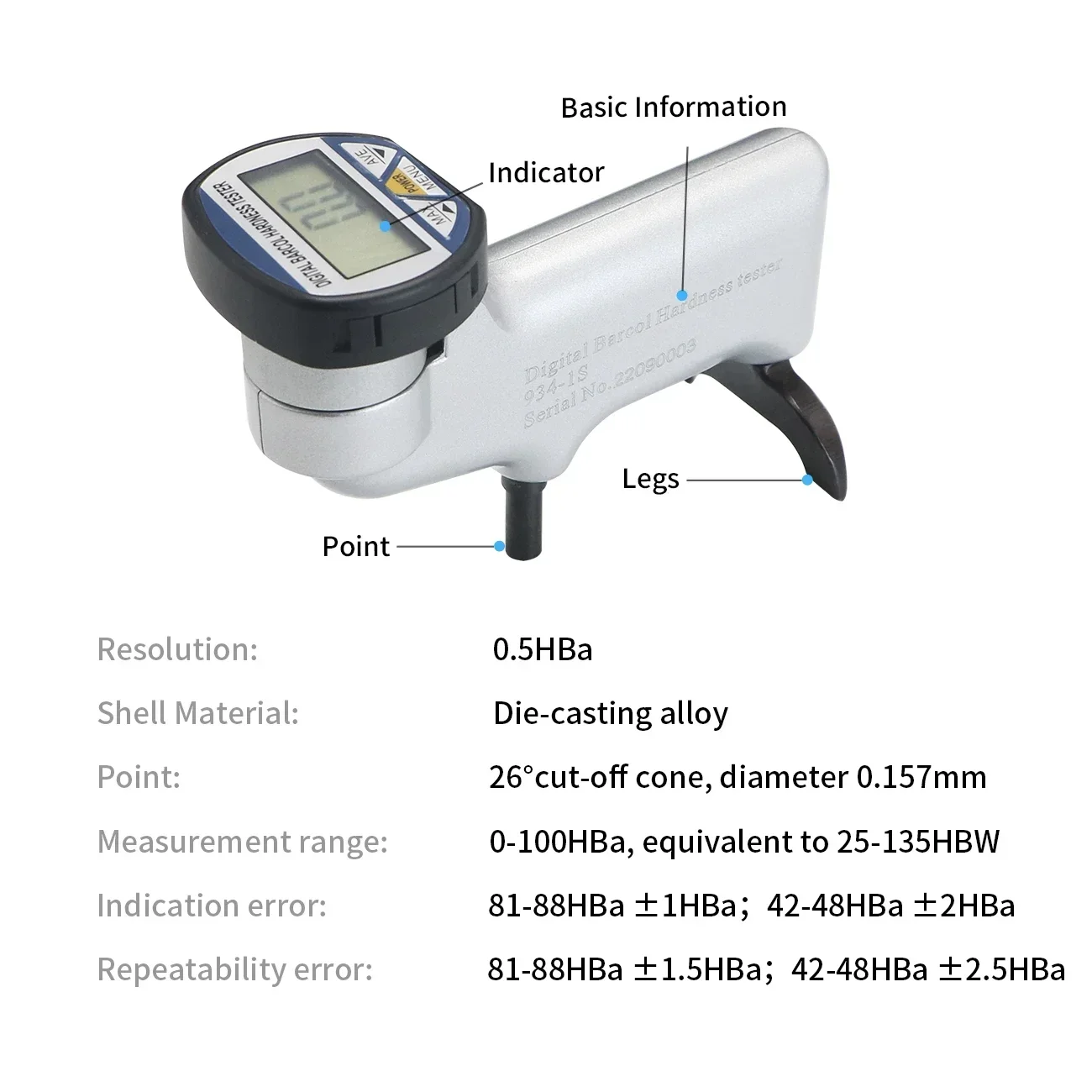Shahe 934-1S Penguji Kekerasan Portabel Meteran Penguji Kekerasan Barcol Digital untuk Paduan Aluminium Tembaga