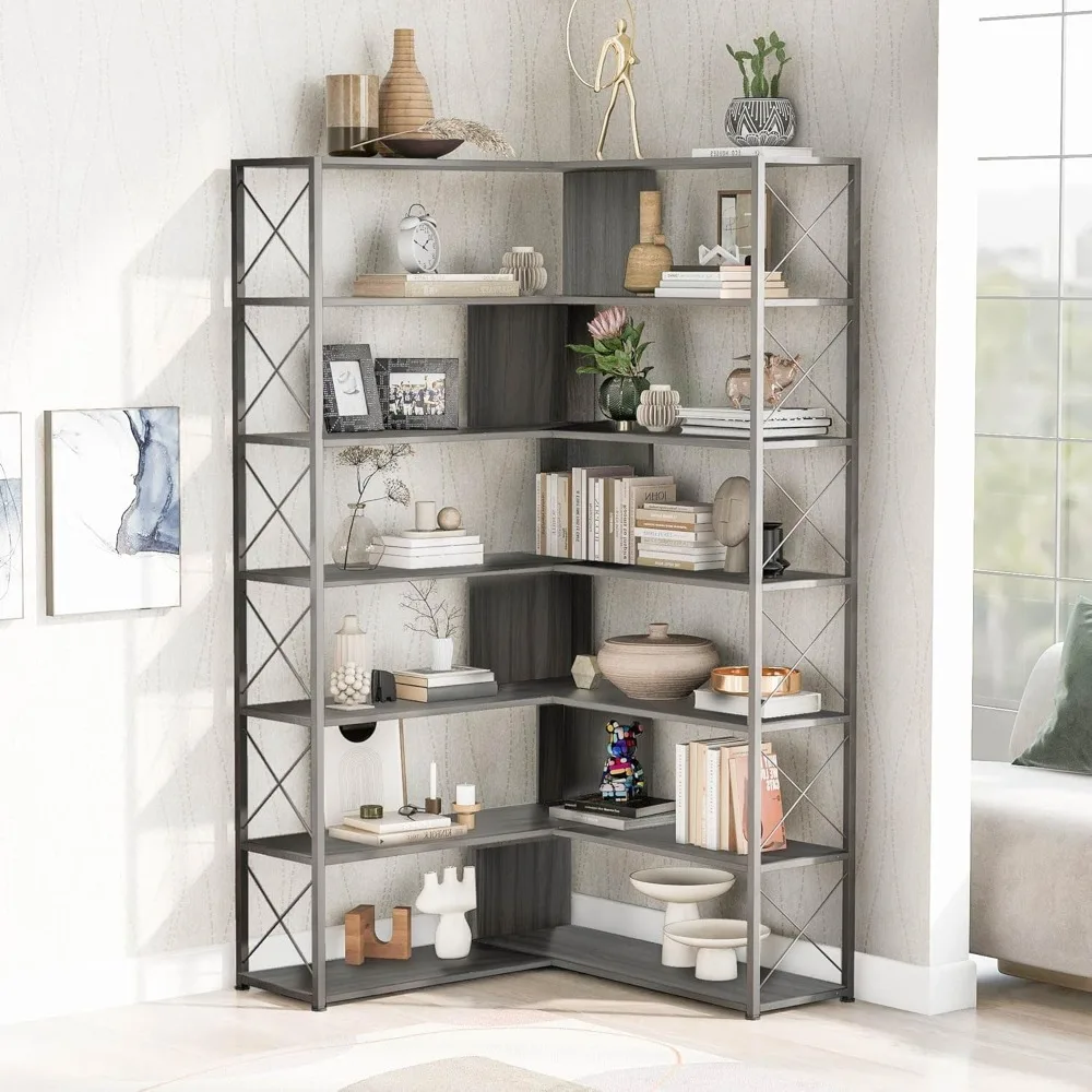 7 Shelf Corner Bookshelf w/Metal Fram，Vintage Shelf Etagere Bookcase with Open Storage，L Shape Book Shelf Corner Bookcase