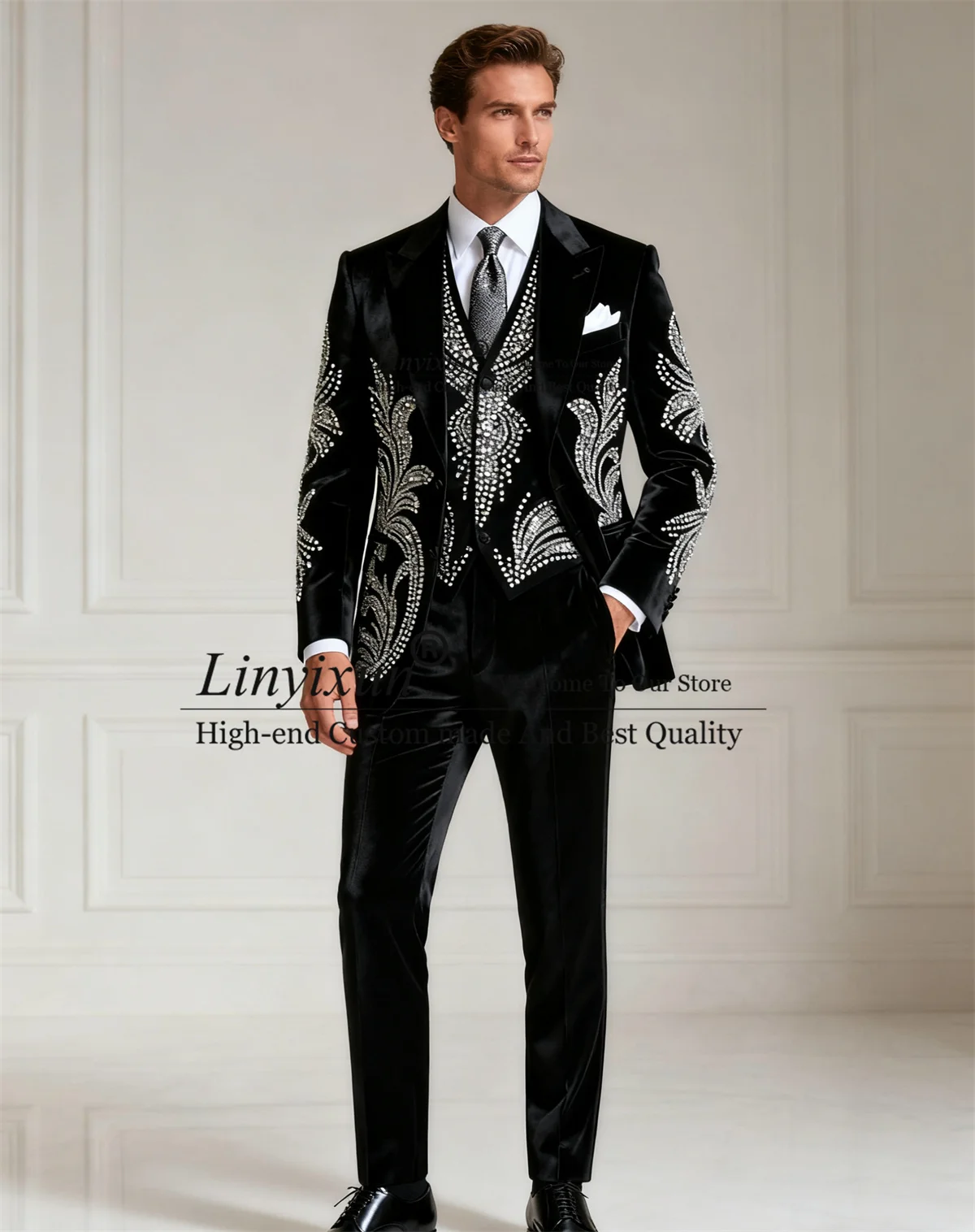 

Last Style Peaked Lapel Men Suits 3 Pieces Sets Groom Tuxedos Sparkly Diamond Wedding Party Ropa Blazer Customized Costume Homme