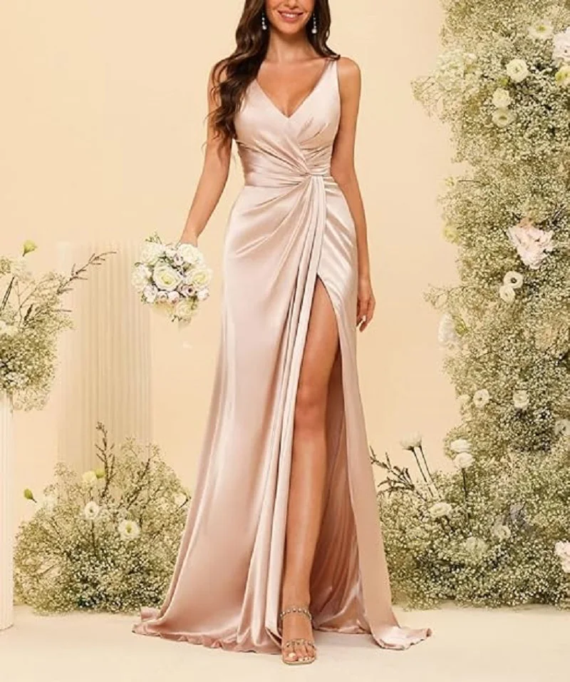 

YNQNFS Brautjungfernkleider Abendkleider Cocktailkleid V-Ausschnitt, Satin mit Schlitz Ärmellos Elegant Smooth silk fabric LF684