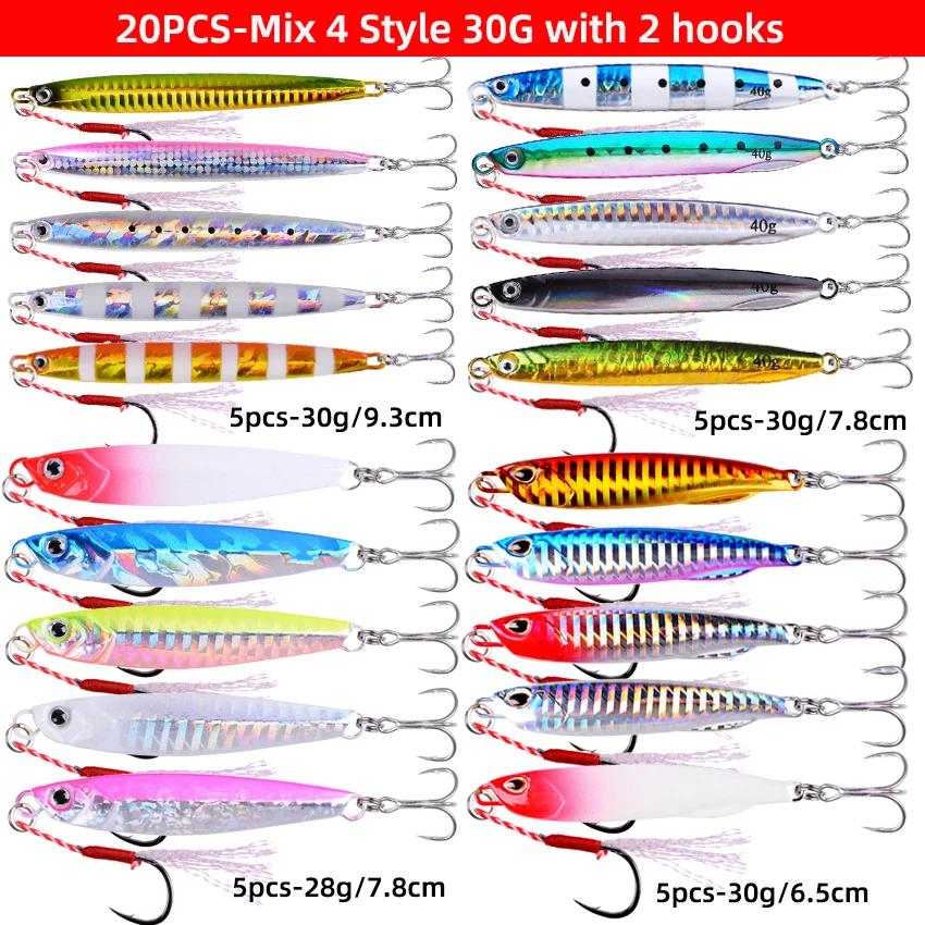 20PCS Super Metal Casting Jigs Kit 10G 20G 30G 40G 60G Jigs Sea Fishing Spoon Bait Sinking Lure Jigging Vibe Blade for Tuna