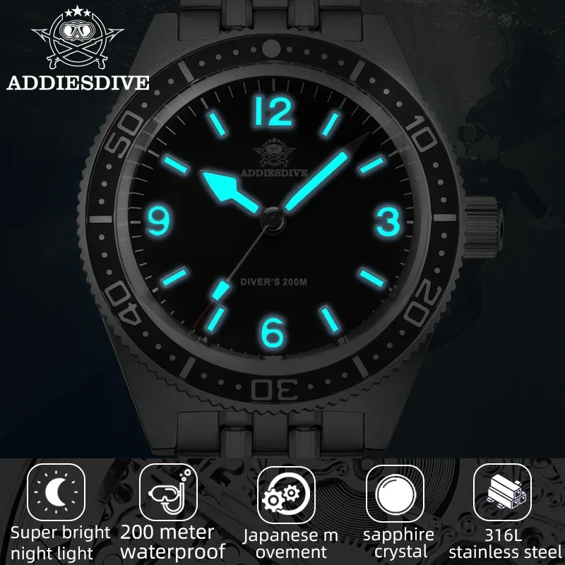 ADDIESDIVE 41mm Watch For Men Diving Wristwatch Dress VH31A Movement Quartz Watch Sapphire 20Bar Waterproof BGW9 Luminous