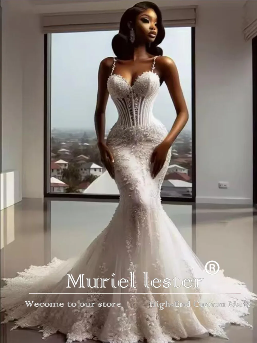 Aso Ebi African Lace Appliques Mermaid Wedding Dress Customized Spaghetti Straps Bridal Gowns Plus Size Bride Formal Party Dress