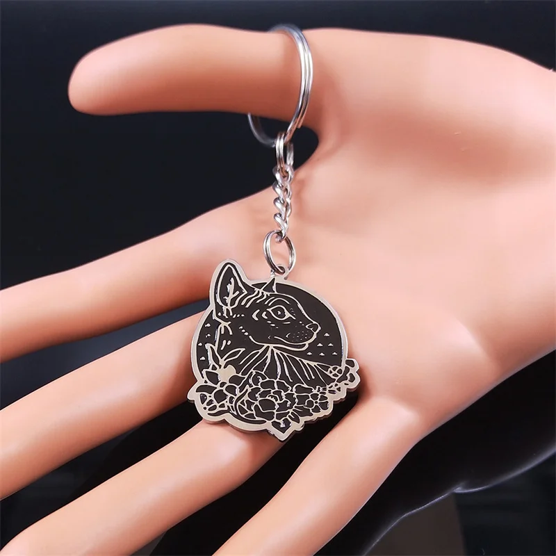 Gothic Animal Canadian Hairless Cat Keychain Women/Men Witchcraft Sphynx Flower Key Accessories Jewelry porte clef mignon K2855