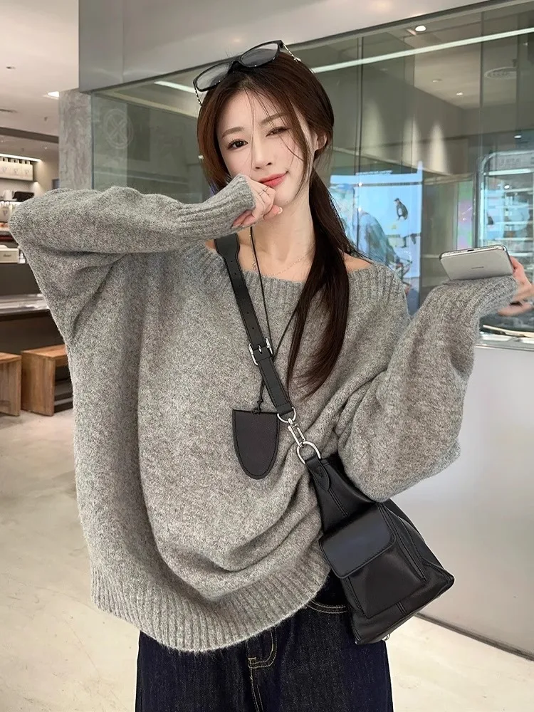 

Ретро ленивый свободный крой, длинный светящийся верхний свитер с колючками, женский повседневный мягкий вязаный универсальный топ