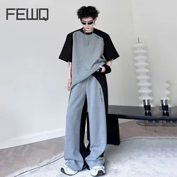 FEWQ Men's Set 2024 Summer Patchwork Men Two-piece Suit Contrast Color Letter Short Sleeve T-shirt Straight Sweatpants  28W3294