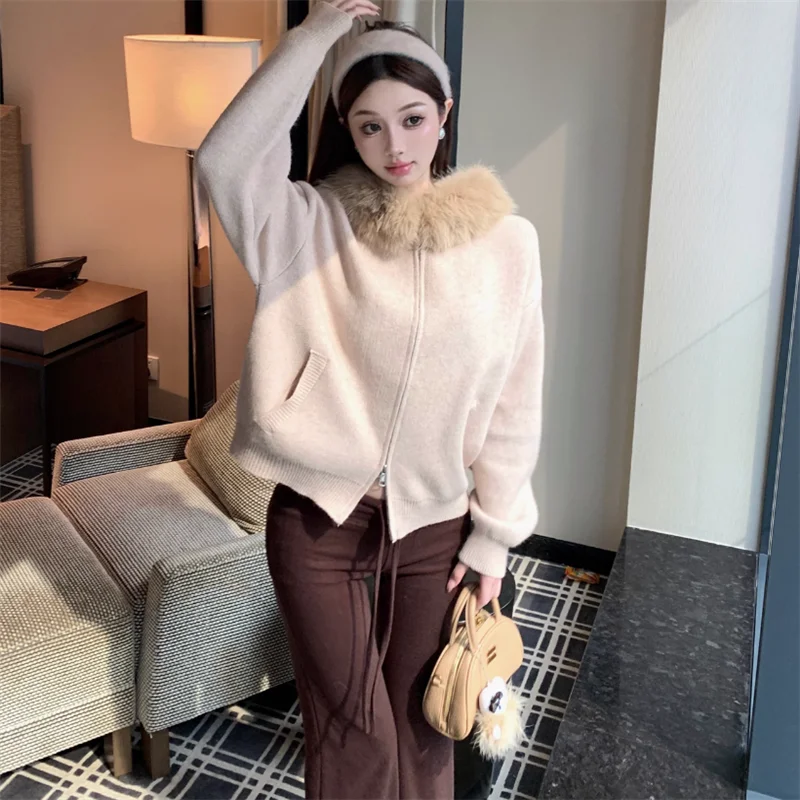 Mink velo pele do falso com capuz cáqui camisola curta para as mulheres nova moda outono chique malha cardigan topo manga longa zíper malhas