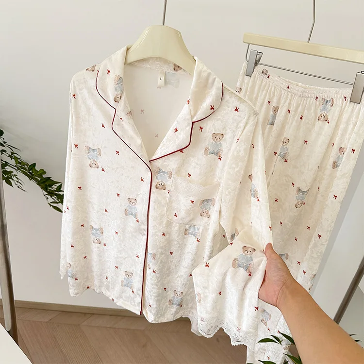 

Kawaii пижамный костюм с принтом медведя, теплая велюровая одежда для сна с длинными рукавами, женская осенне-зимняя новая одежда для дома, брючный костюм из 2 предметов, домашняя одежда