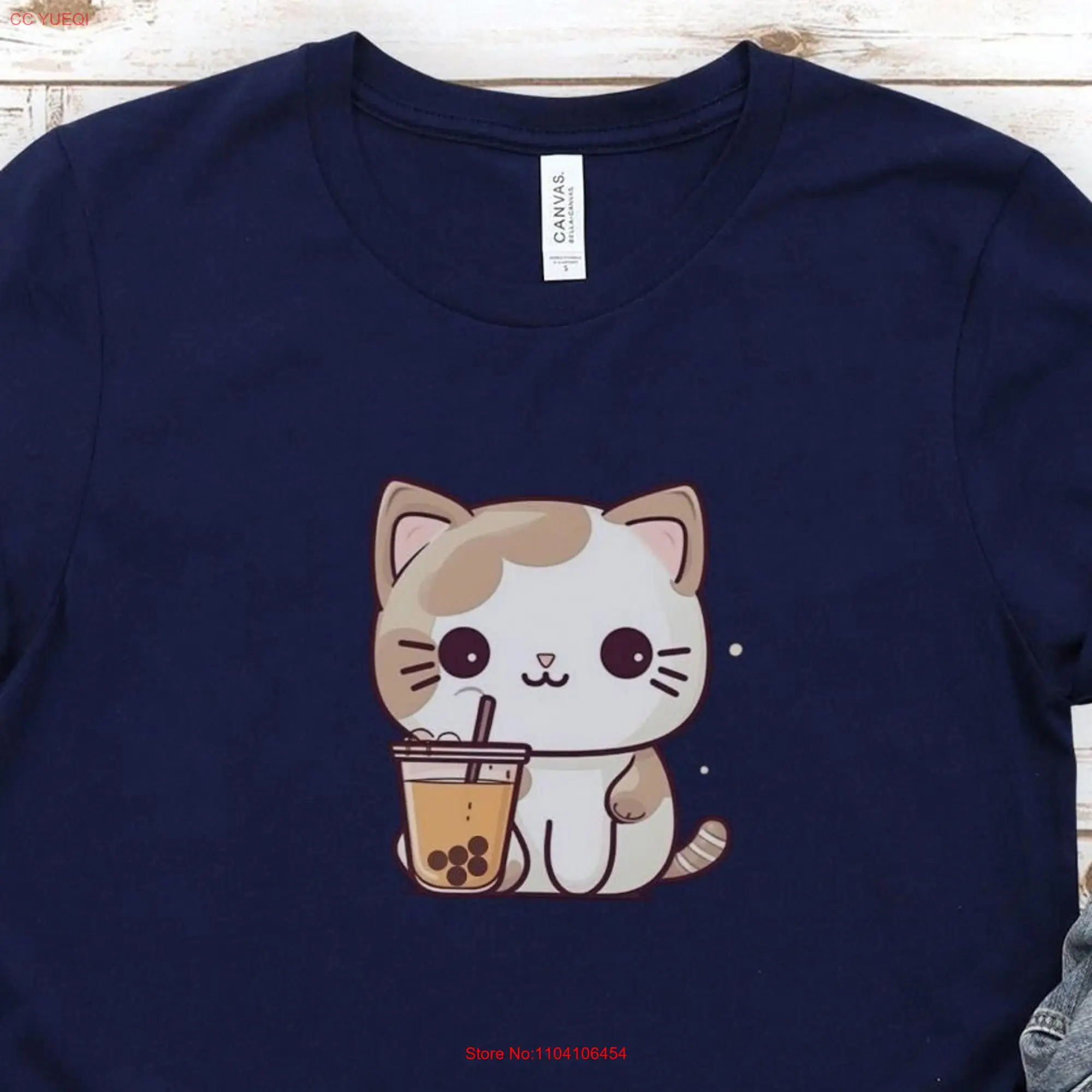 Cute Cat with Boba T Shirt Kawaii Neko Bubble Tea Lover for Girl long or short sleeves