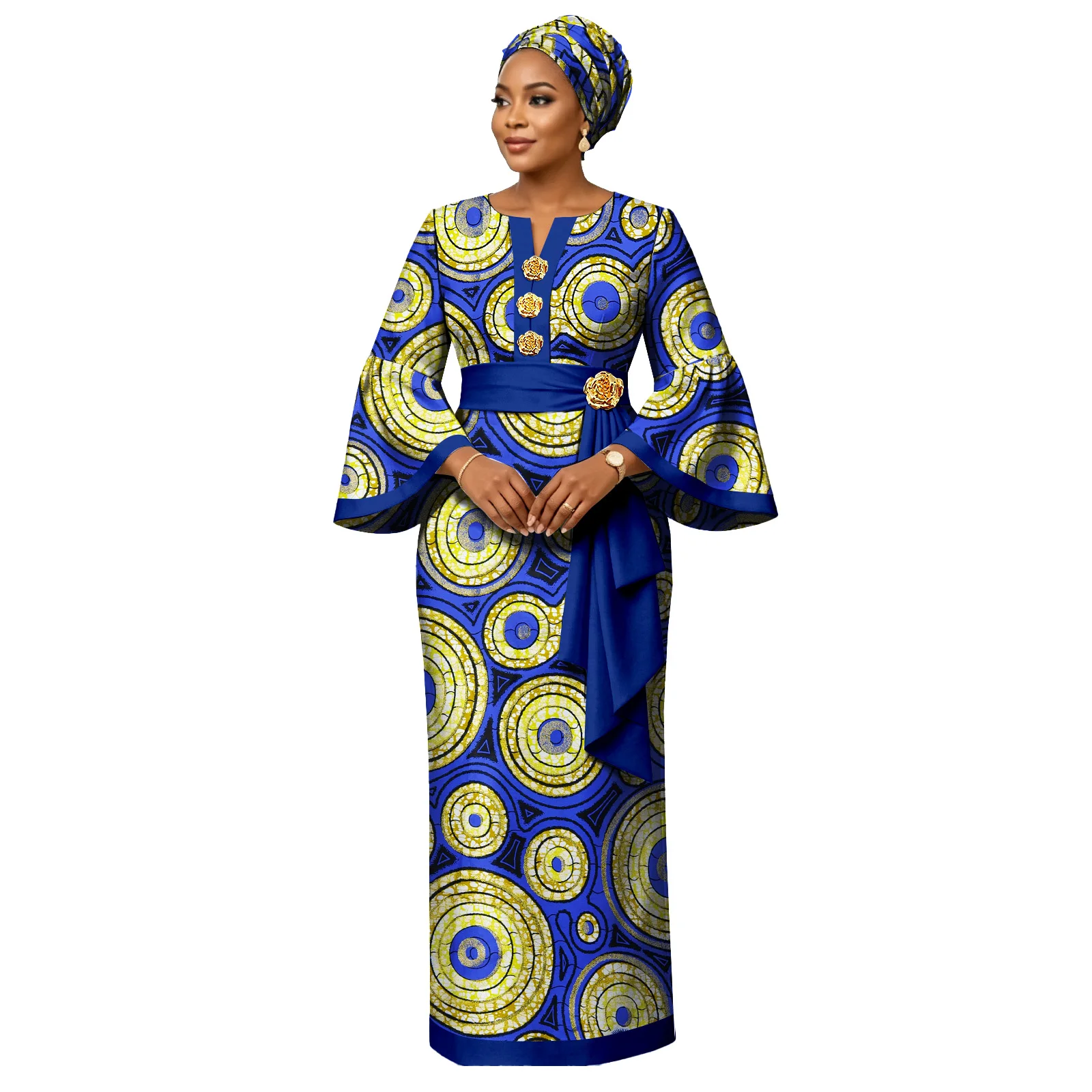 Women African Dress Set, Ankara Print Flare Sleeve Gown with Matching Headwrap, Dashiki Floral Button Attire - view 5