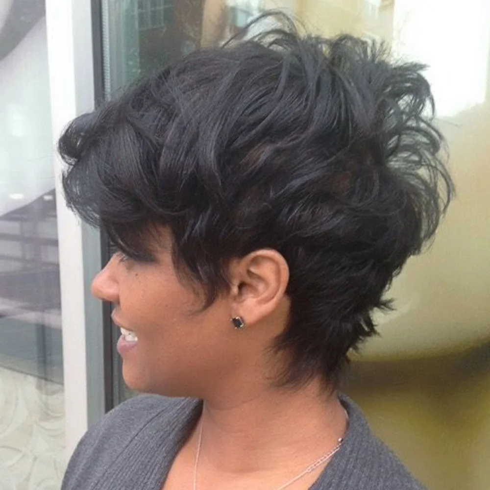 Peruka Pixie Cut z Włosów Naturalnych, Cała Wykonana Maszynowo, Kręcone Włosy typu Egg Curl, Peruka Pixie Cut z Włosów Naturalnych z Grzywką, Kręcone Peruki z Włosów Naturalnych dla Czarnoskórych Kobiet