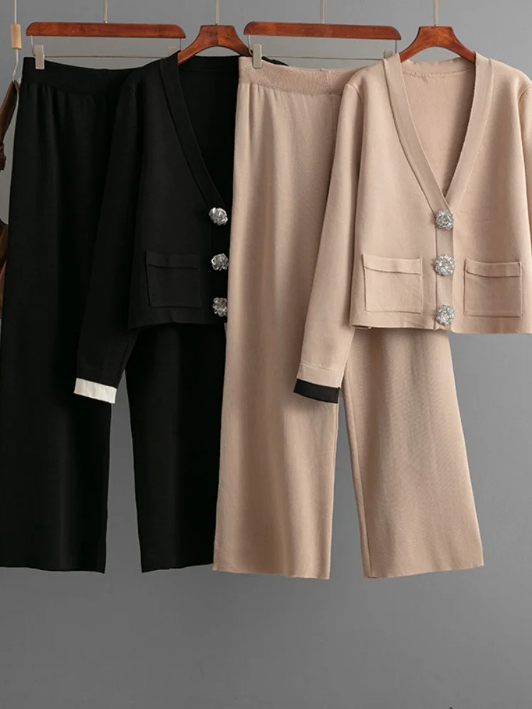 Autumn and Winter Fashion Set Women's Fragrant Knitted cardigan Top Casual Wide Leg Pants Two Piece Set