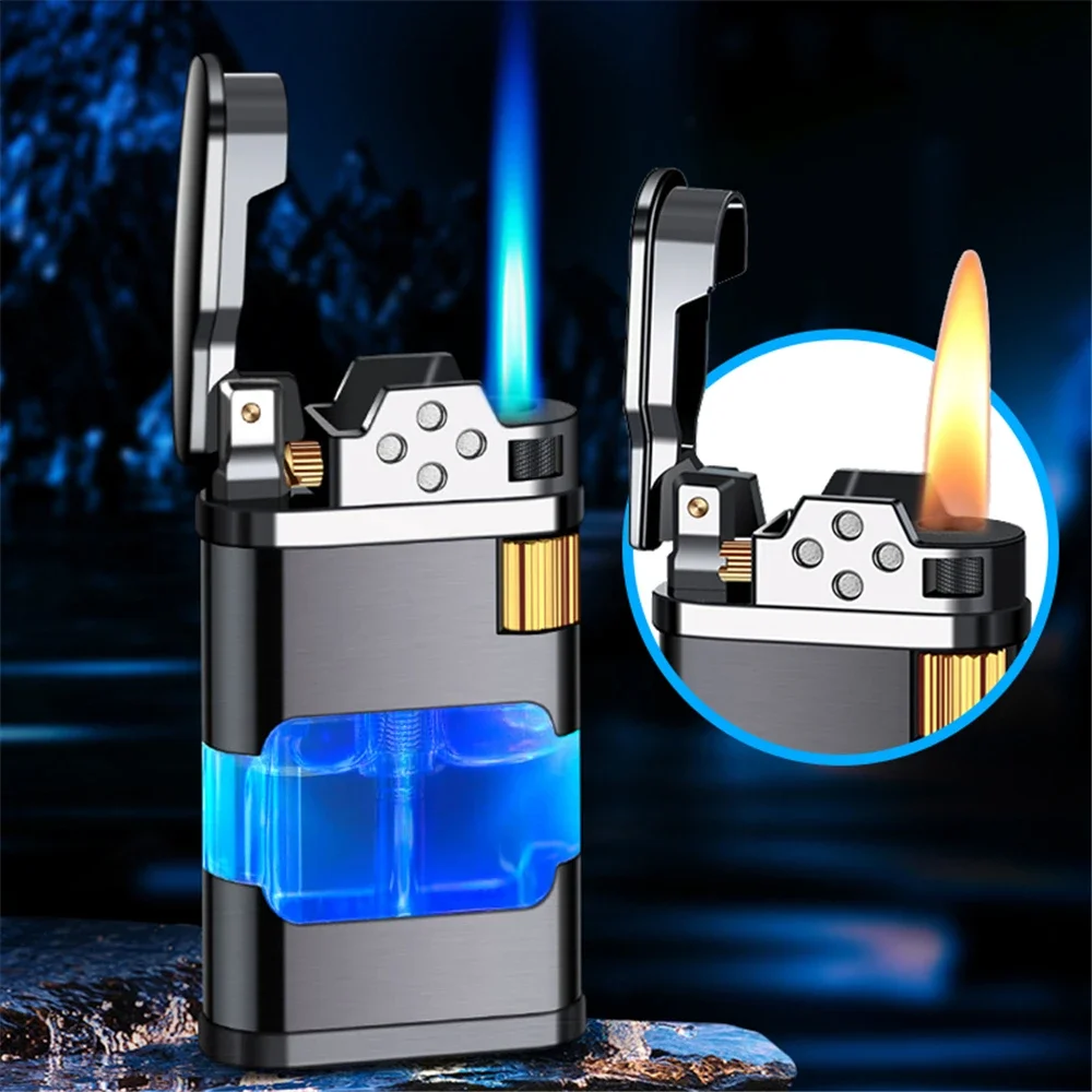 

new Metal Jet Flame Lighter Luminous Transparent Gas Box Inflatable Torch Turbo Windproof Blue Butane Cigar Lighter Smoking Tool
