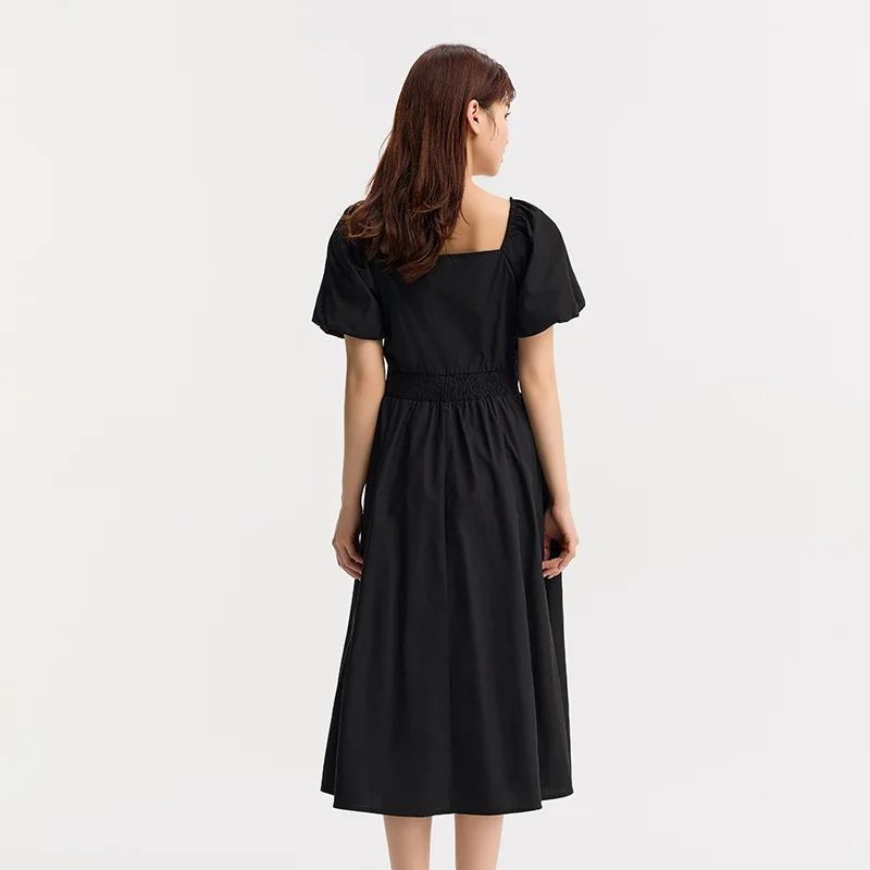 Semir Women Dress Solid Color Puff SleeveElegant And Slimming Sweet Summer French-Style Waist-Collecting Little Black Dresses