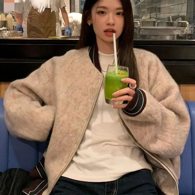 

plus Size Thiened Zipper Women's Woolen Jaet Korean Sle Vintage Baseball Coat Loose Top for Heavy MM Autumn Winter Oute...