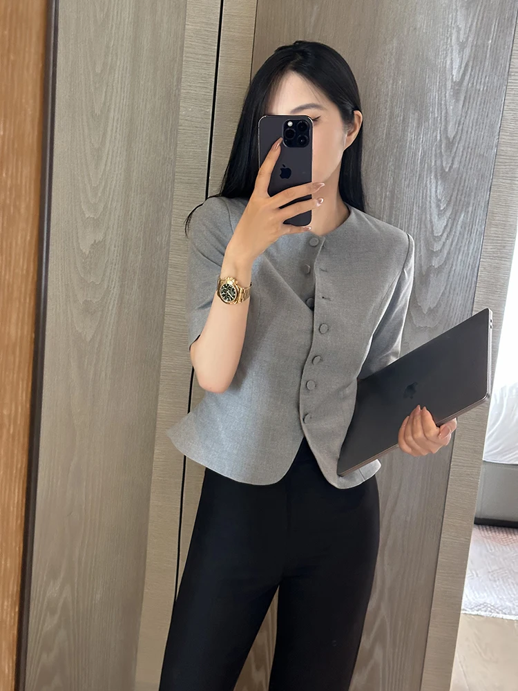 

ay Slim Fit ort Sve Women's Top Bot Set Faionable Chinese Sle Commute Wind Button Detail Polyester Suit