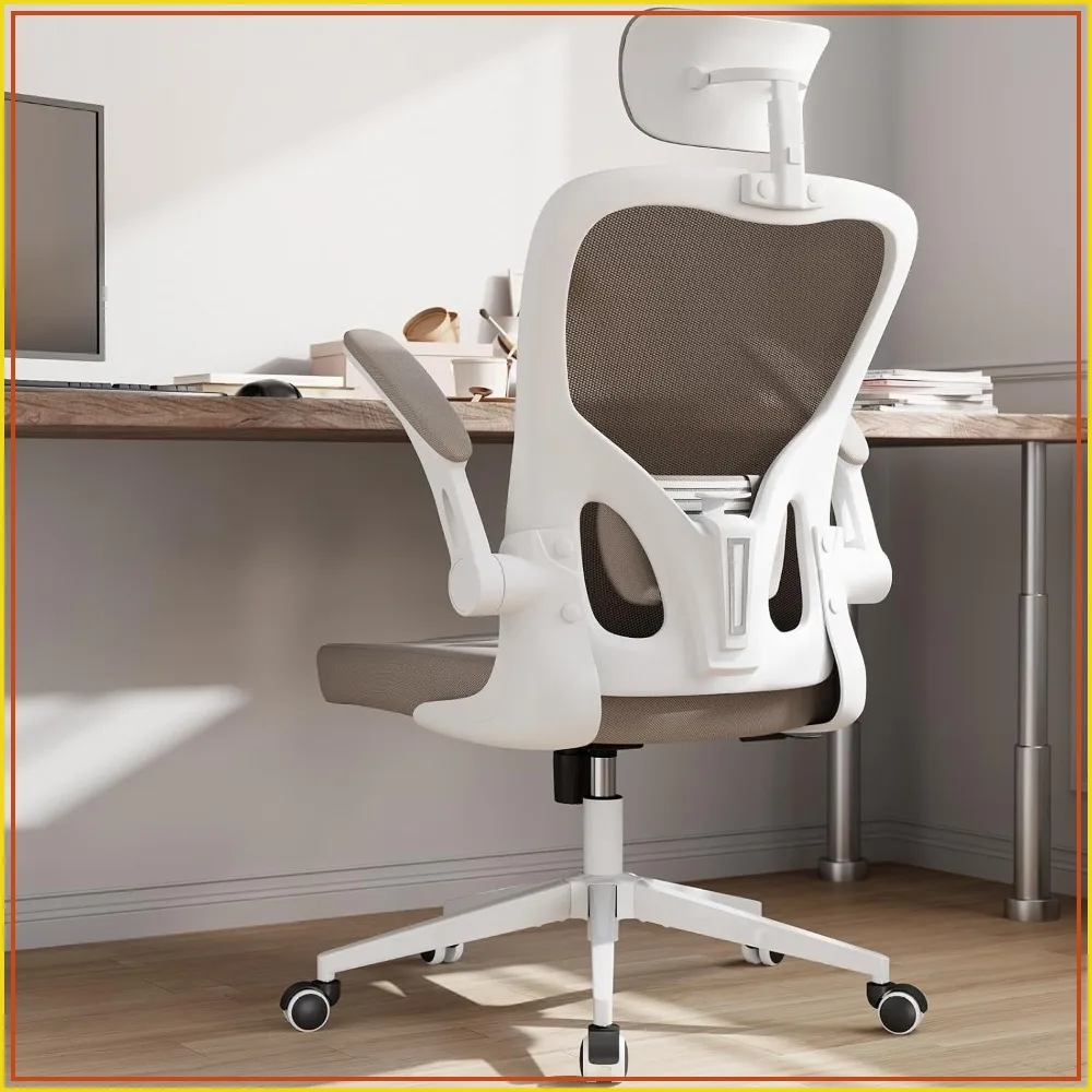Ergonomic Mesh Office Chair w/ Lumbar Support, Headrest, Flip-up Arms, Adjustable Height, Rocking, 350LBS, White+Khaki