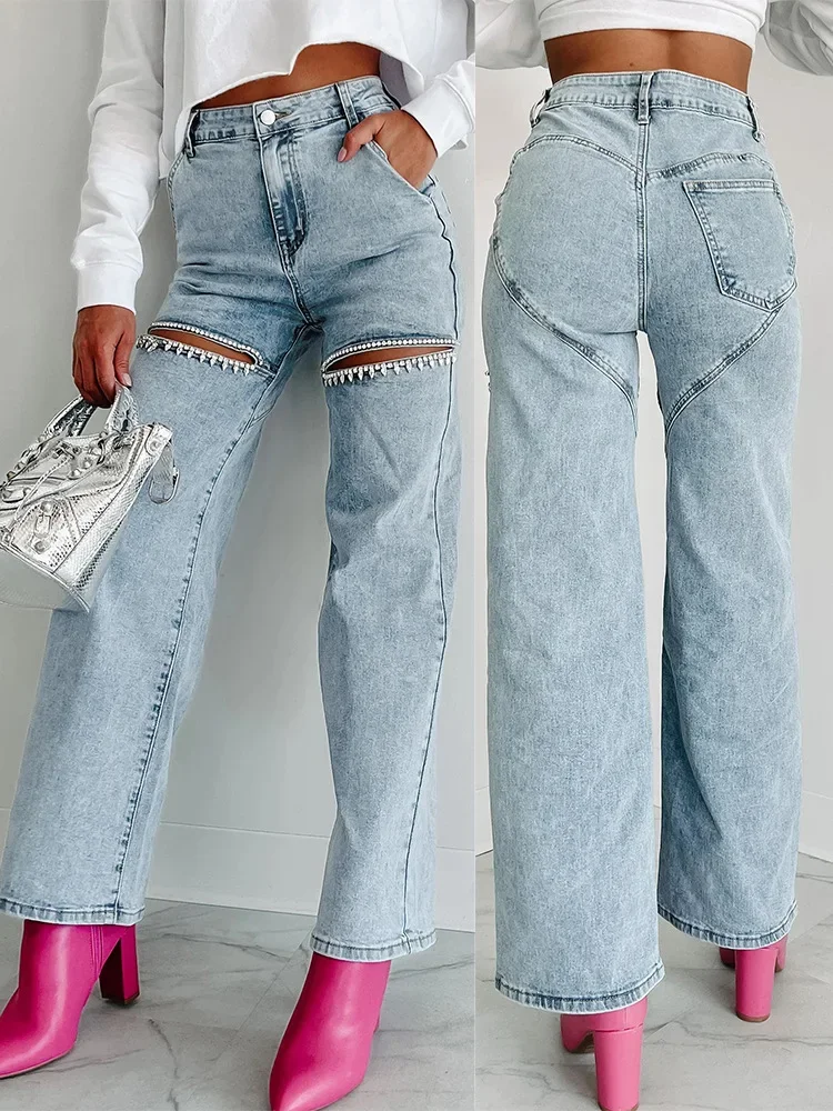 

Fashion Women's Denim High Waist Pants Versatile Casual Perforated Straight Female's Jeans Y2k Streetwear 2024 Spring/Summer