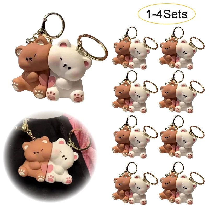 

1-4Sets Cute Cartoon Bear Couple Magnetic Keychain Small Pendant Doll Small Gift Toy Resin Creative Keyring School Bag Pendant