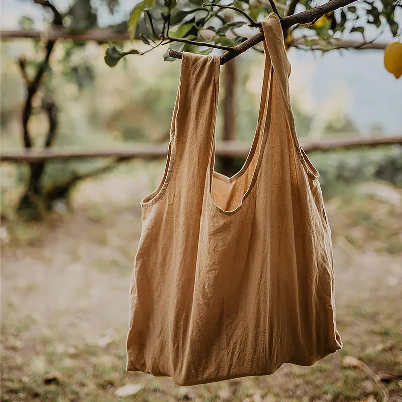 Bolsa de algodão e linho, bolsa de ombro simples de lona, sacola de compras portátil, grande capacidade, proteção ambiental, armazenamento