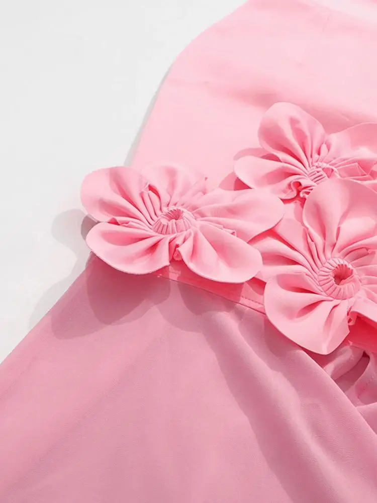 Modphy Elegant Patchwork Appliques Slim Long Dress Raglan Sleeve Pink Flower Sexy Front Slit Maxi Dress Celebrity Evening Party