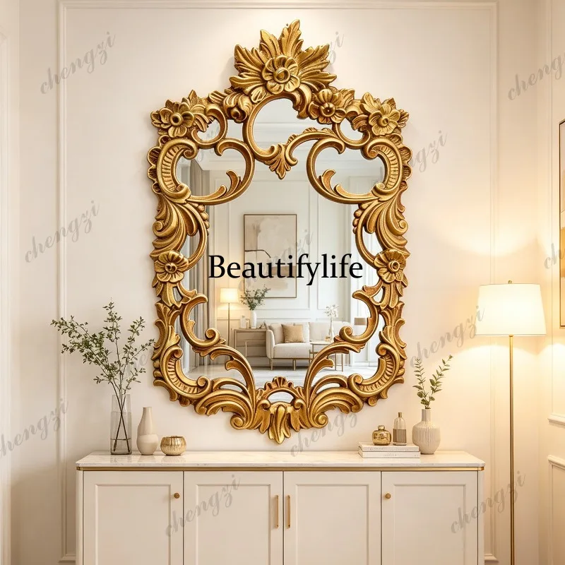 French retro carved fireplace mirror luxury wall-mounted decorative mirror living room entrance makeup mirror
