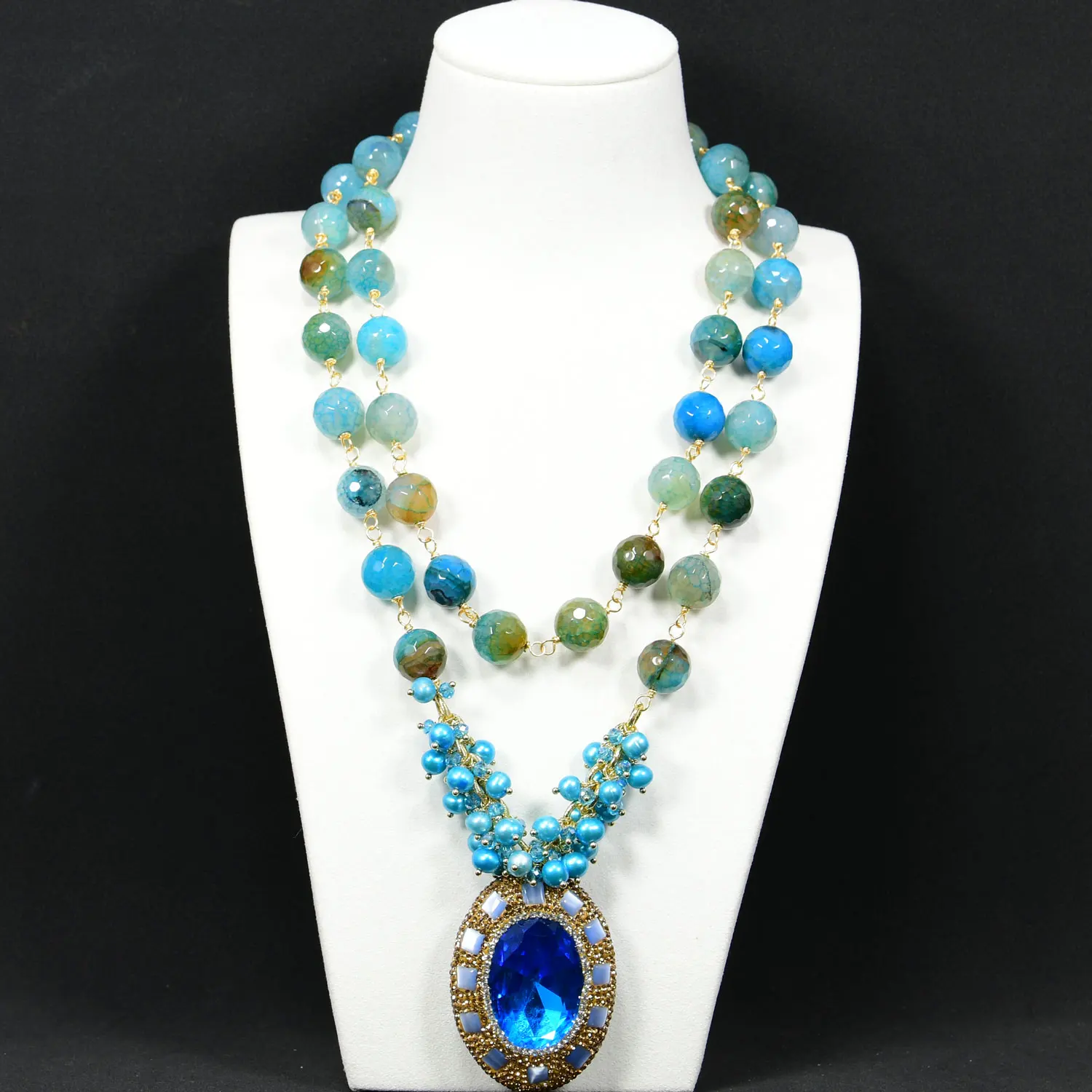 

GG Blue Agate Round Faced FrashWater Pearl Blue Crystal Pendant Necklace-Femme Jewerly