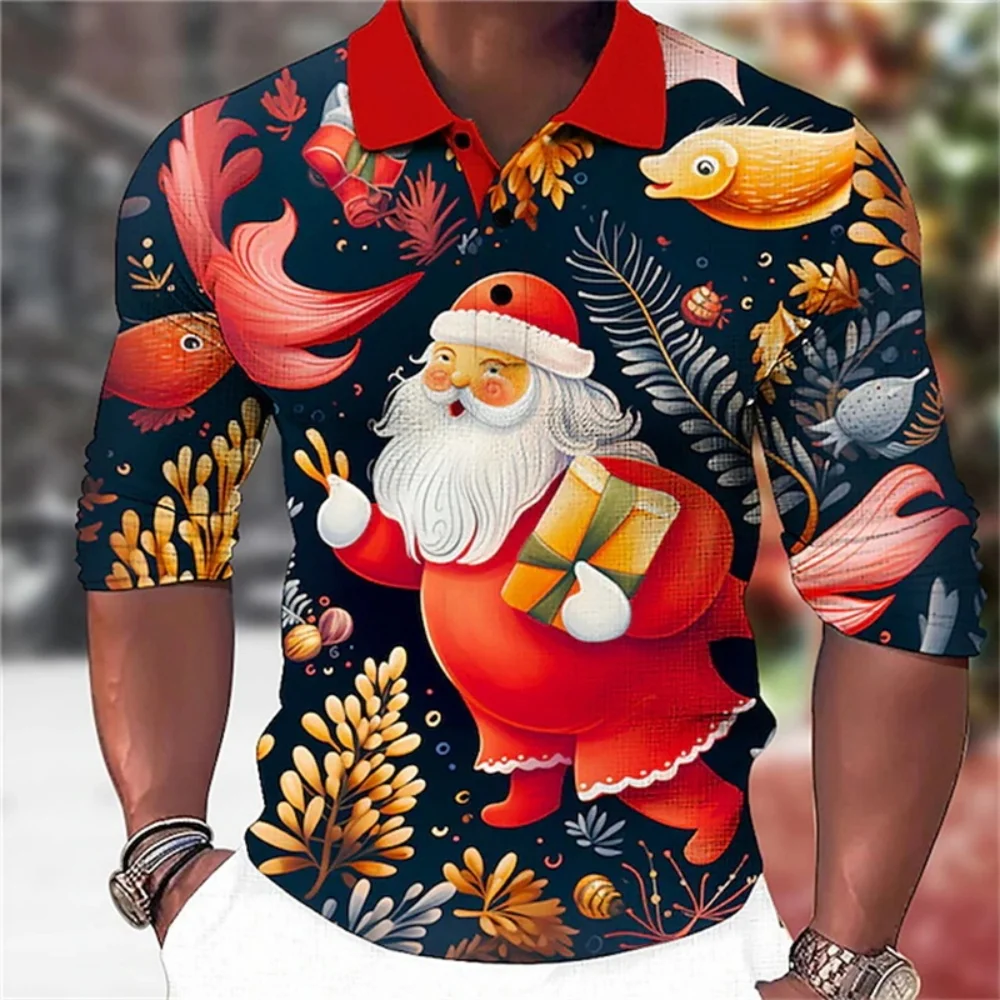 

Santa Claus 3d Printed Men's Long Sleeve Polo Shirt Casual Men's Fashion Christmas Golf Shirt Autumn Holiday Party Men Clothing