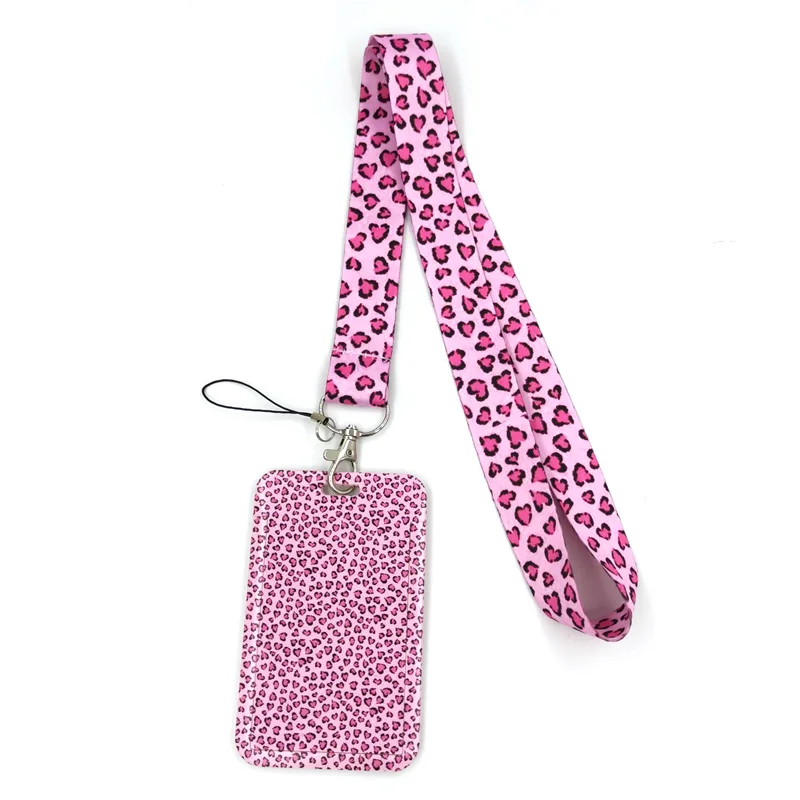 Pink Leopard Pattern Art Cartoon Anime Fashion Lanyards Bus ID Name Work Card Holder Accessories Decorations Kids Gifts