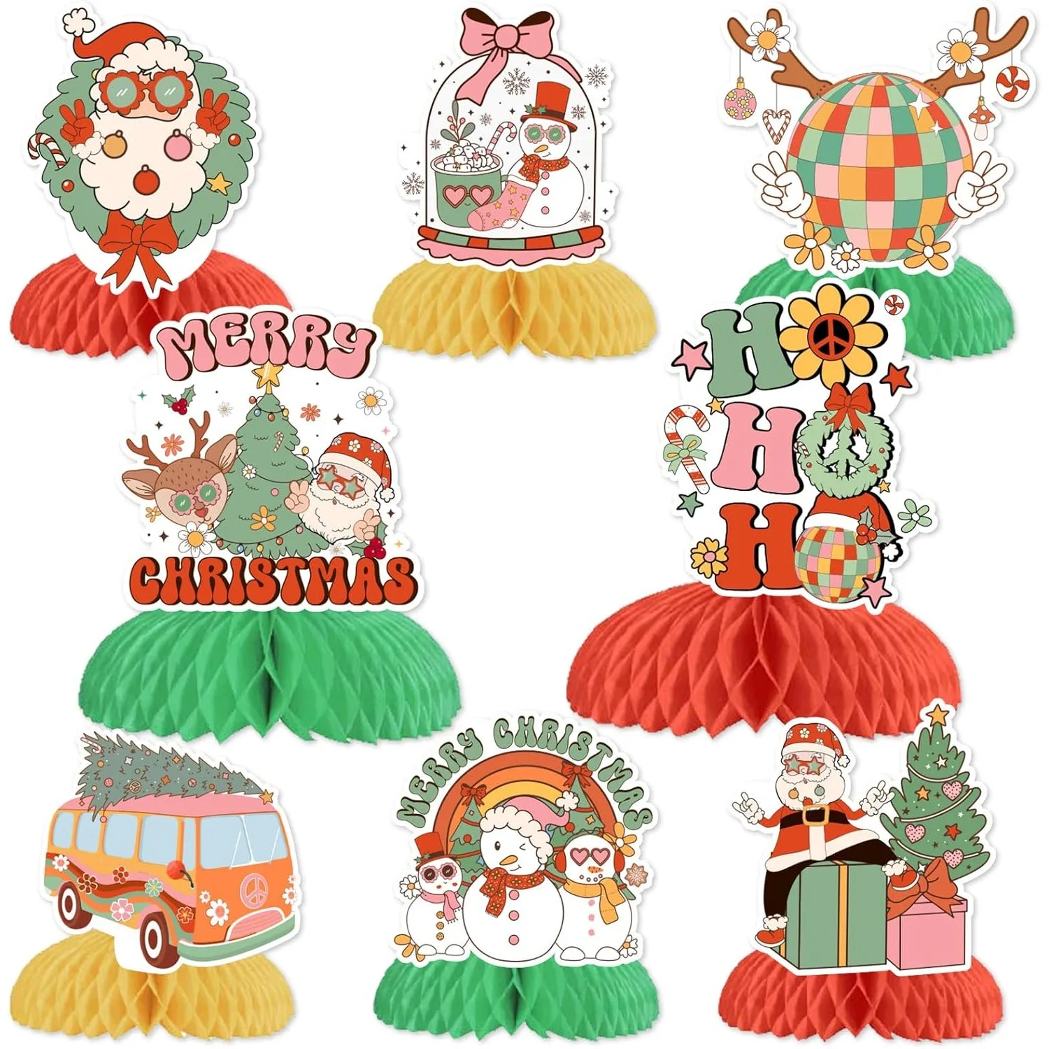 funmemoir 8Pcs Groovy Merry Christmas Honeycomb Centerpieces Santa Claus Snowman Reindeer Printed Colorful Table Decor Supplies