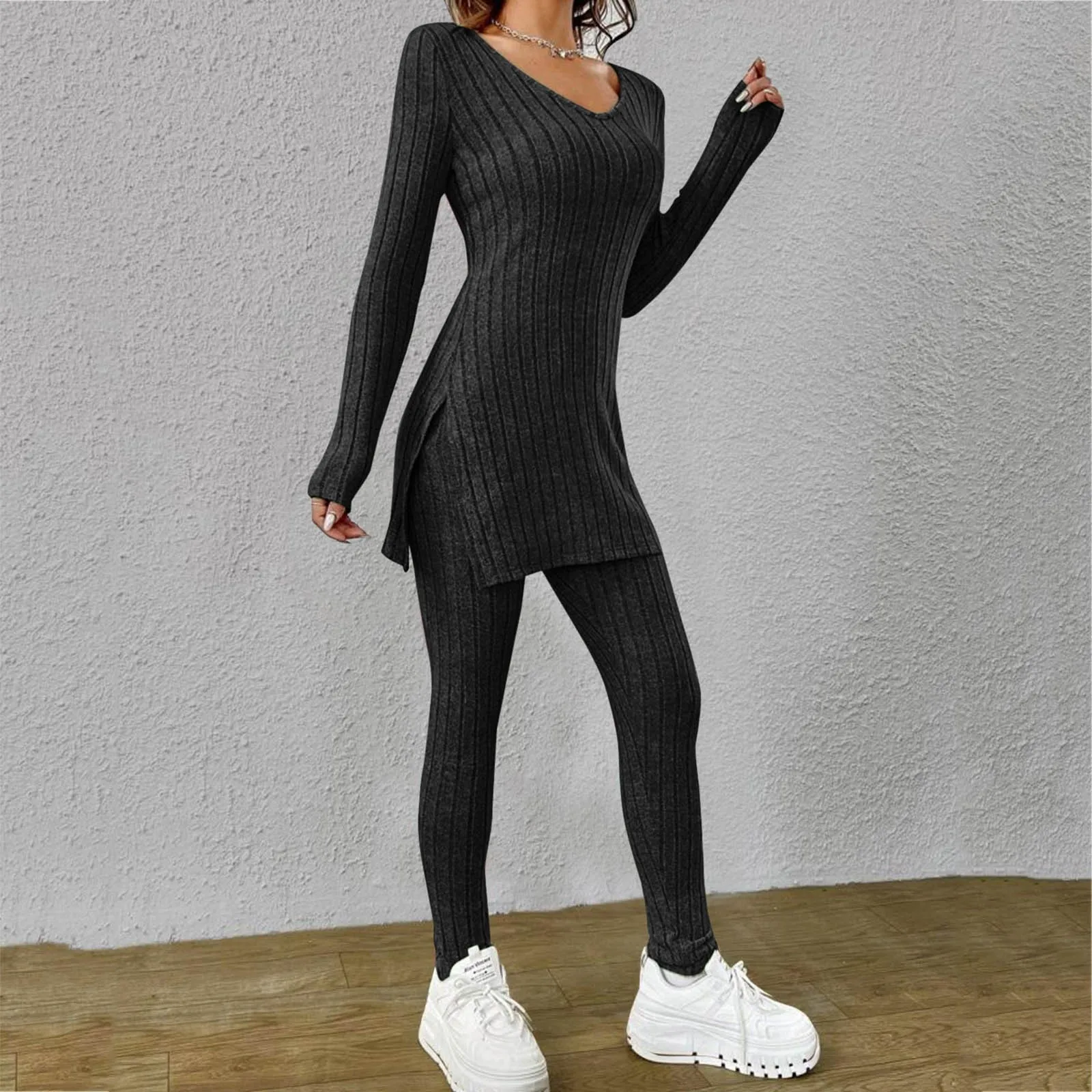 2024 Fall Winter Women Knit Set Long Sleeve Pullover T-Shirts Ribbed Simming Fit Pants Solid Simple Two Piece Outfits Homewear