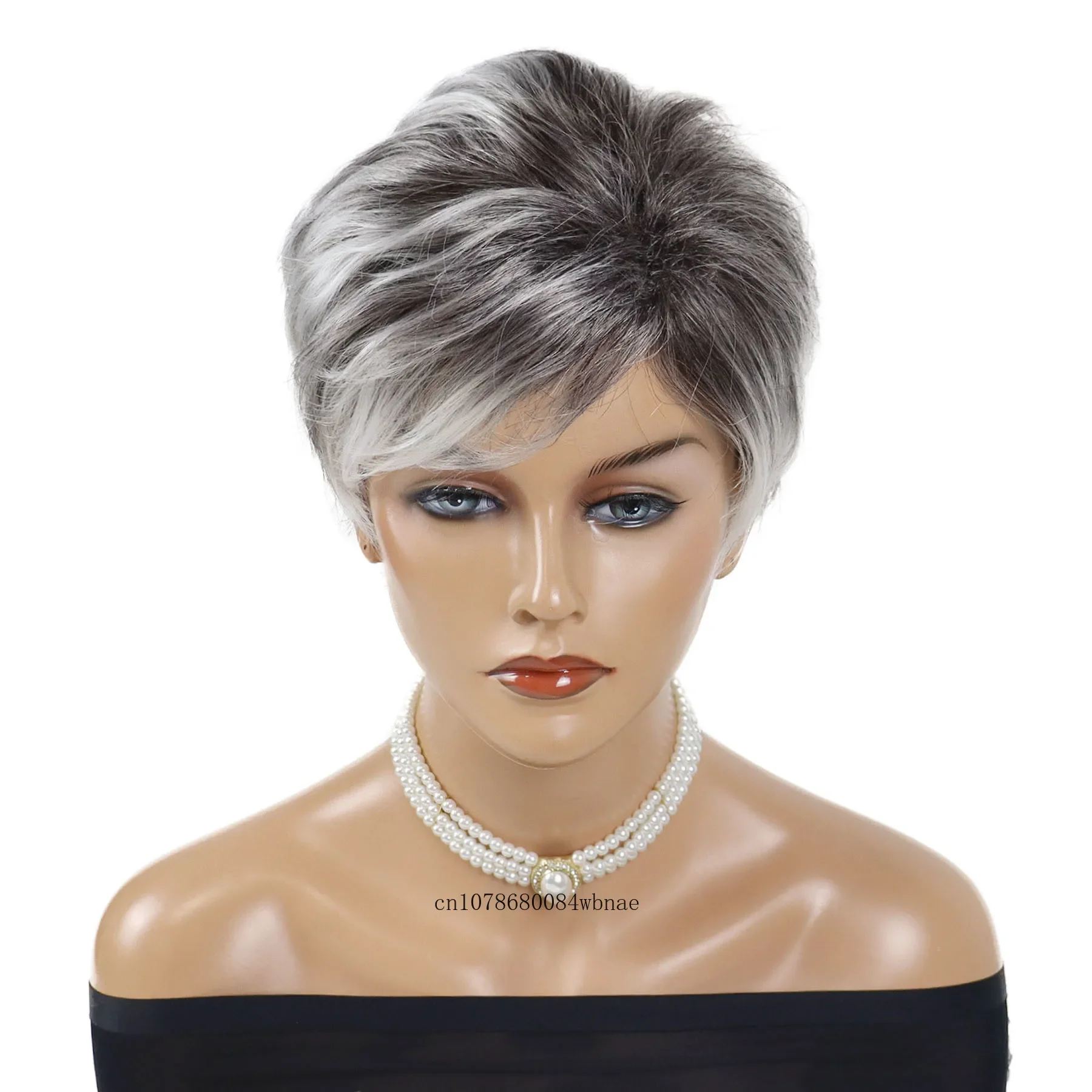 Grey Mix White Pixie Cut Synthetic Wig for Older Women Grandma Short Layered Wigs with Bangs Daily Costume Party Heat Resistant