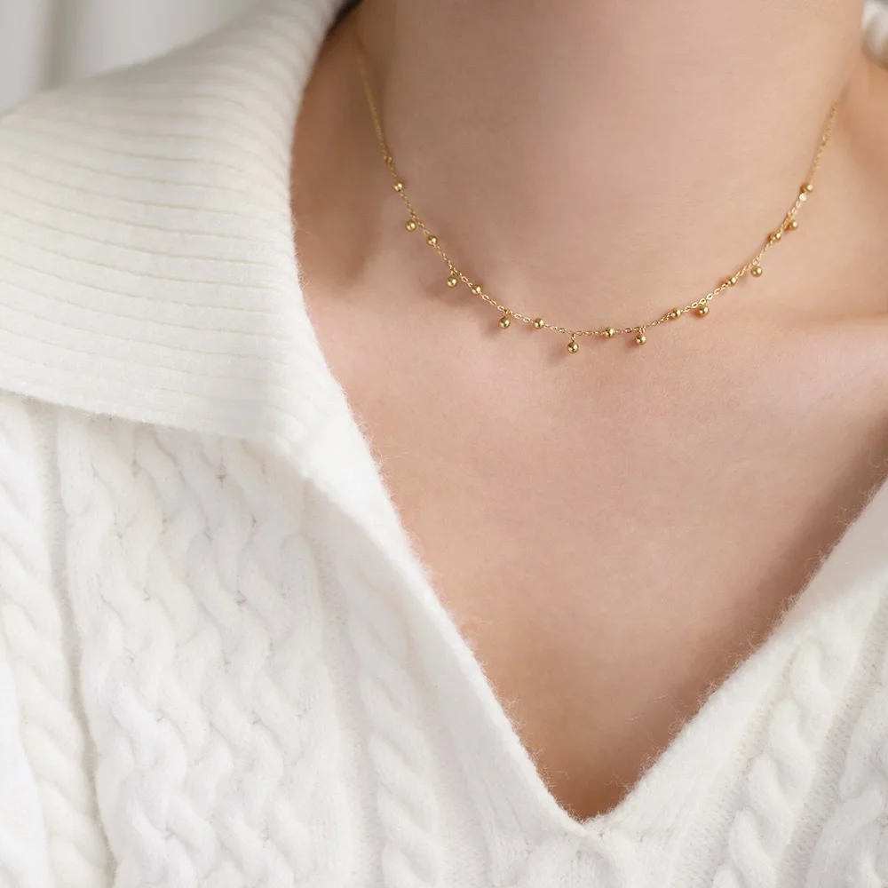 Handmade Small Gold Bead Ball Necklace Lace Short Chain Clavicle Chain Raindrop Stainless Steel Plated 18K Gold Jewelry