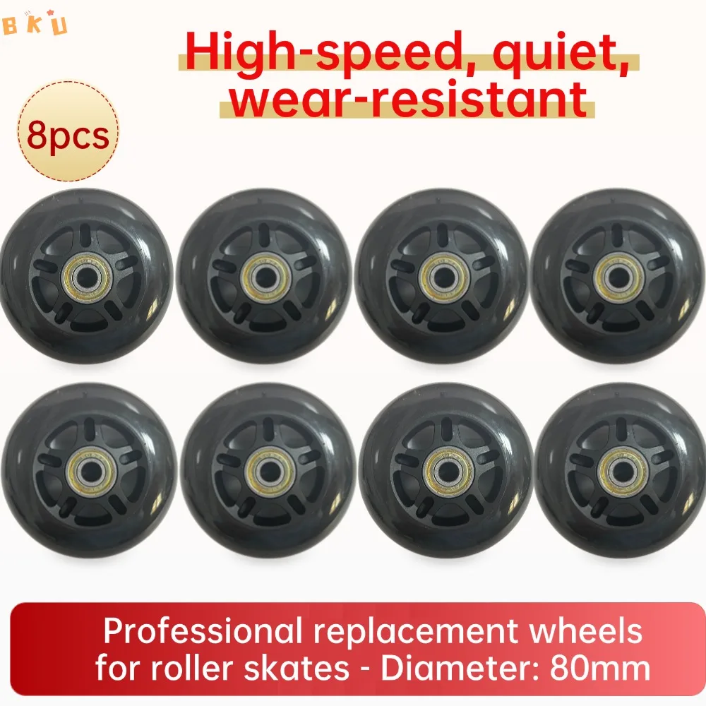 

8 black 80mm (3.15-inch) PU replacement wheels for inline skates, scooters, kids' strollers, suitcases, etc.