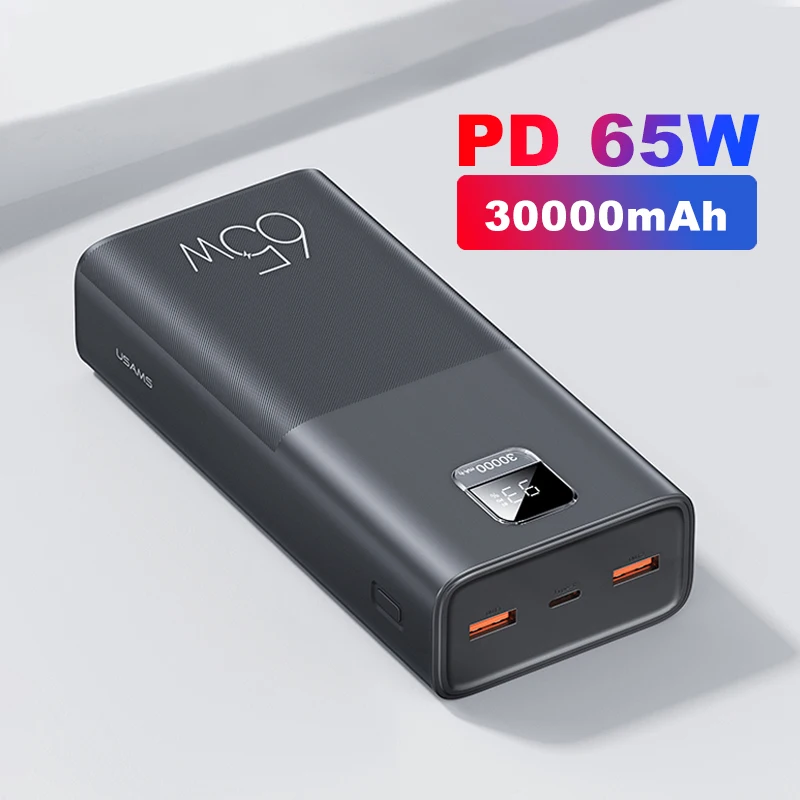 Cargador rápido portátil para teléfono móvil, Banco de energía de 65W, 30000mAh, 2 USB, pantalla Digital, luces LED, batería externa