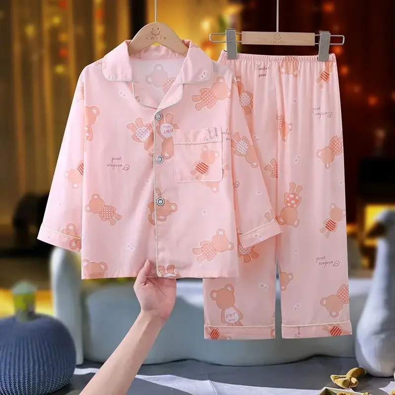 Children's Summer Thin Pajamas Set Boys Girls Cute Cartoon Long Sleeve Lapel Shirt + Pants Sleepwear Baby Casual Loose Homewear